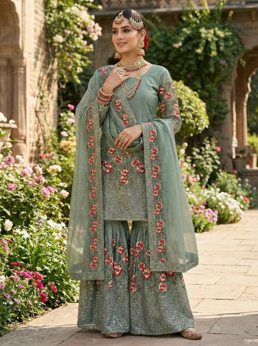 Pure Fendy Silk With Heavy Embroidery Sequence work with hend work And Full Sleeve