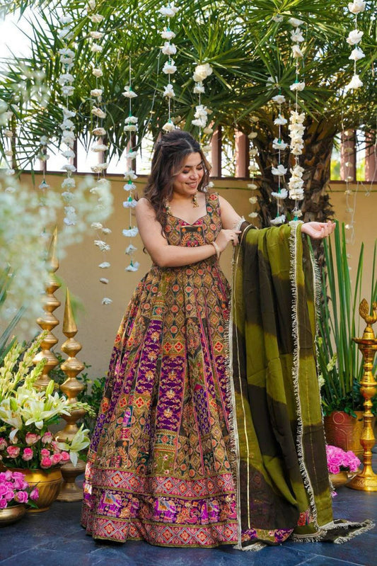 Digital printed Jimmy organza silk suit with huge flai