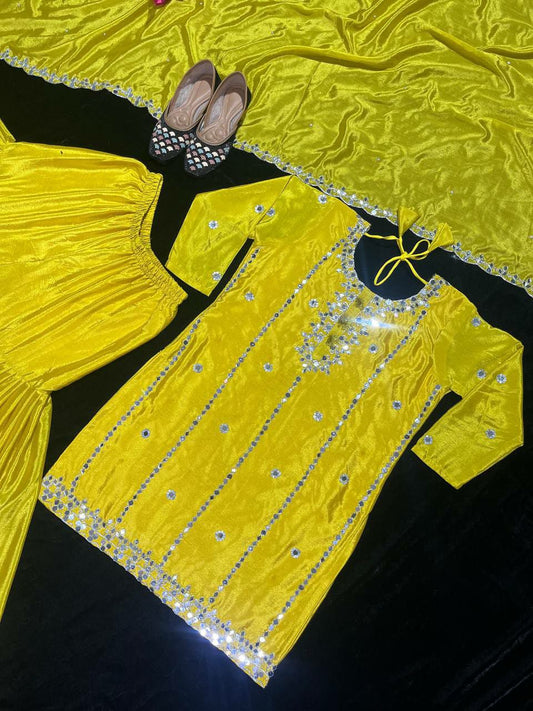 Hevay Chinon Silk Patiyala Fabric With Heavy Embroidery Dori Work With Mirror Hand Work