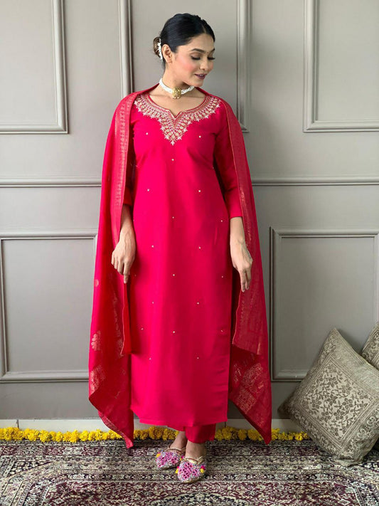 Ethnic Motifs Embroidered Thread Work Detail Straight Kurta & Trousers With Dupatta
