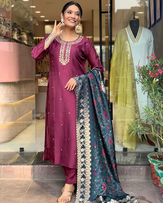 CHANDERI WITH SEQUENCE CODING EMBROIDERY WORK KURTIS