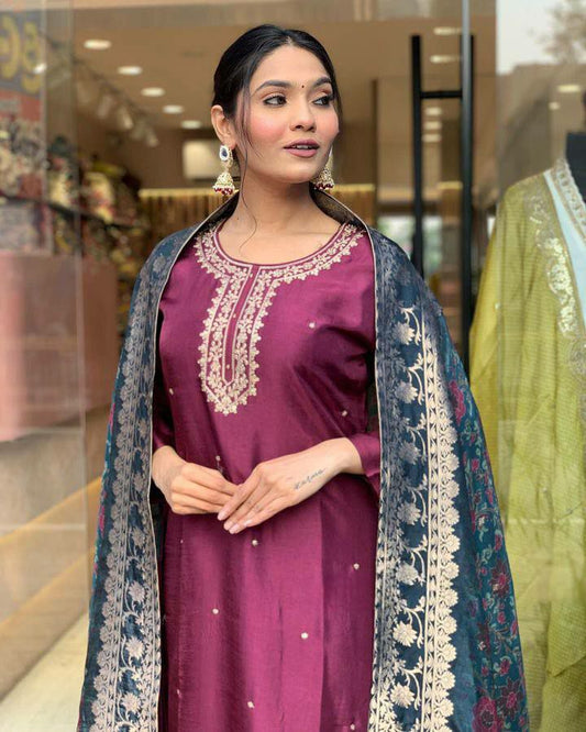 CHANDERI WITH SEQUENCE CODING EMBROIDERY WORK KURTIS