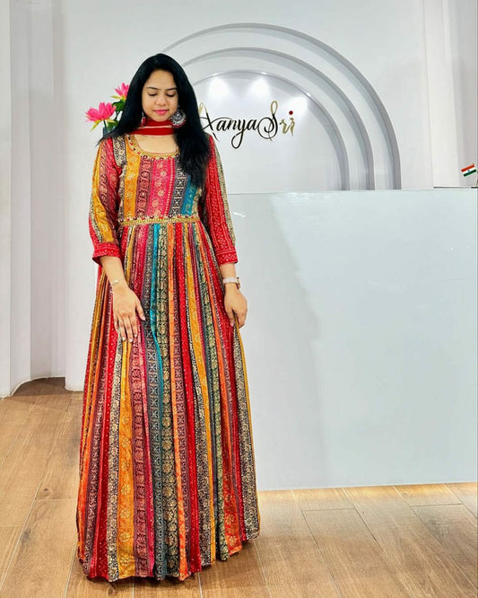 features a Pure chinon with colorful print and hand work for attractive look Gown