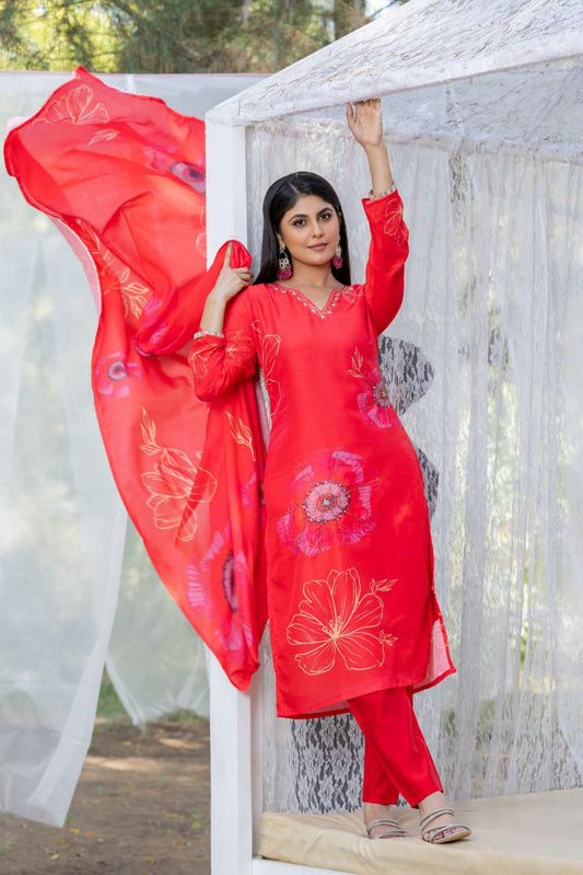 Heavy Handwork Detailing on Red Floral Printed Kurti