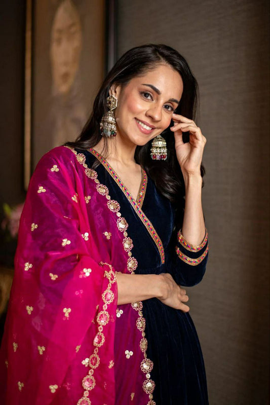 A Pure 9 Thousand Velvet With Embroidery Work Gown