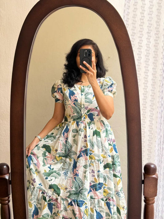 Soft muslin fabric with flower print and full flair for charming looks frock