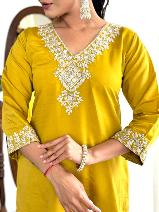VISCOSE CHANDERI WITH SEQUENCE CODING EMBROIDERY WORK KURTIS