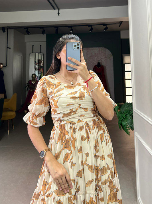 Gown features a beautiful printed design that adds a touch of elegance