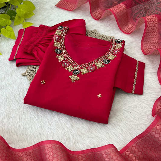 Kurti Premium Roman Silk Soft Fabric With Handwork Neck