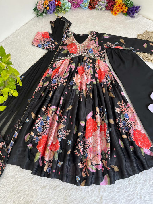 Chinon Soft With Digital Printed Multi Color Beautiful Hand mand Dress