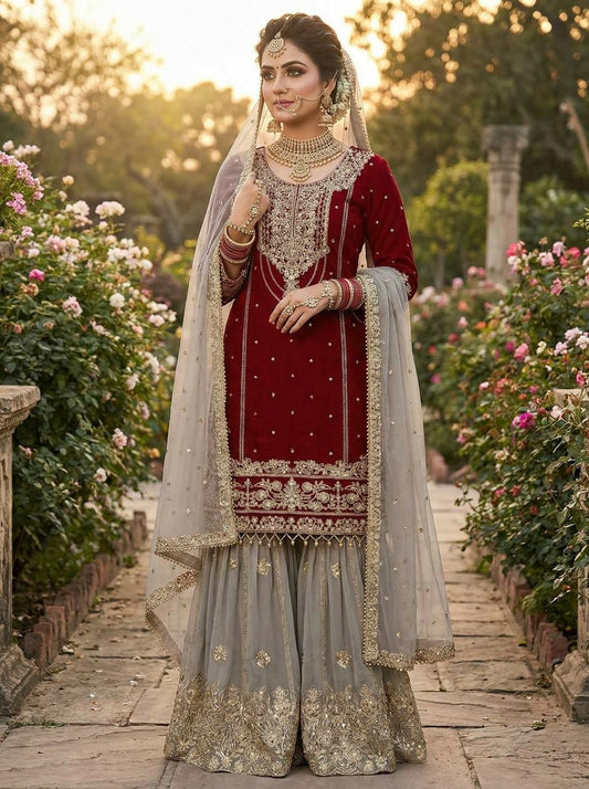 Royal Midnight Black Velvet Sharara Set with Exquisite Zari & Sequin