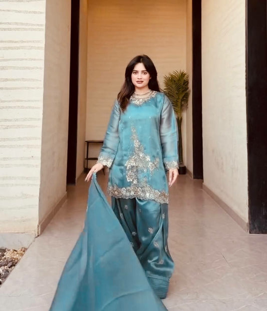 Exquisite Sea Green Organza Silk Kurta Set with Silver Zari Embroidery