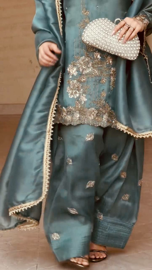 Exquisite Sea Green Organza Silk Kurta Set with Silver Zari Embroidery