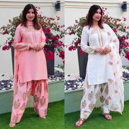 Charming Peach Silk Kurta Set with Embroidered Salwar and Organza Dupatta