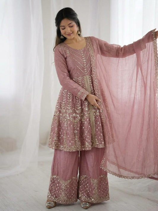 Mauve Silk Sharara Suit with Gota Patti and Sequin Embroidery