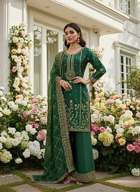Designer Wedding Guest Salwar Suit in Deep Green - Heavy Embroidered Kurta and Palazzo Set - Traditional Indian Party Wear