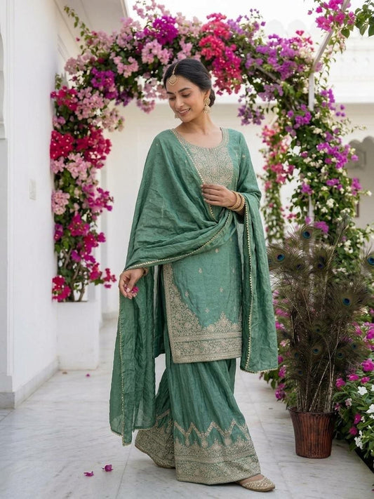 Designer Sage Green Embroidered Sharara Suit - High-Quality Ethnic Party Wear - Complete 3-Piece Set with Scalloped Dupatta
