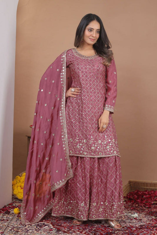Dusty Rose Mirror Work Sharara Suit - Indian Wedding Guest Outfit - Heavy Embroidered Salwar Kameez - Designer Party Wear Kurta Set with Dupatta