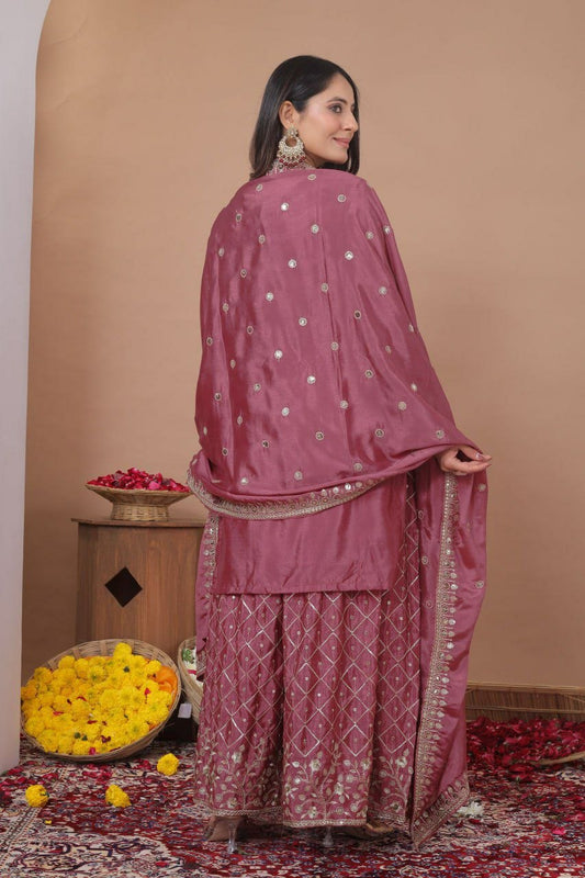 Dusty Rose Mirror Work Sharara Suit - Indian Wedding Guest Outfit - Heavy Embroidered Salwar Kameez - Designer Party Wear Kurta Set with Dupatta