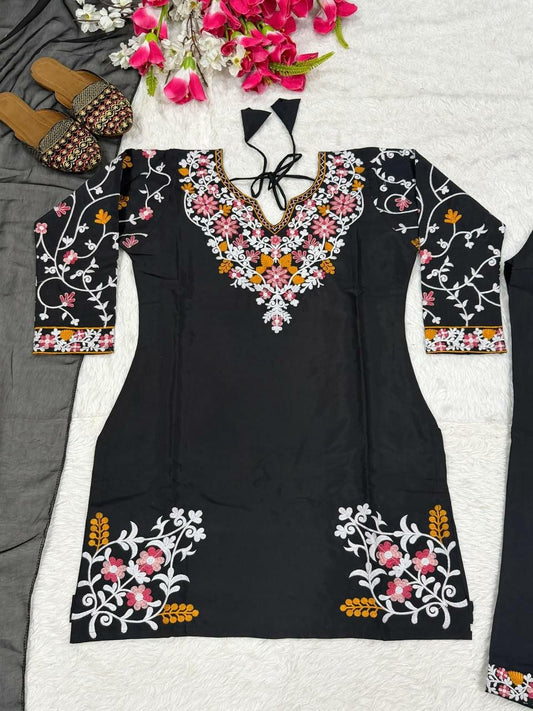 Black Embroidered Salwar Kameez - Kashmiri Aari Style Floral Work - Indian Ethnic Wear for Women - Designer Kurta Set with Wide Leg Trousers and Dupatta