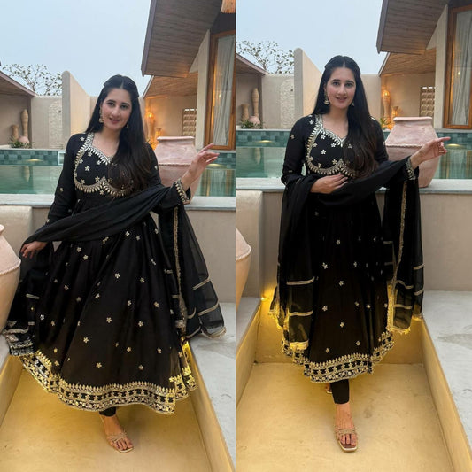 Designer Black Embroidered Anarkali Suit - High-Quality Indian Readymade Garment - Complete 3-Piece Set for Festivals