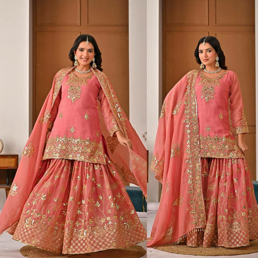 Blush Pink Silk Sharara Set with Intricate Gold Gota and Mirror Work - Traditional Indian Wedding Guest Outfit - Luxury Festive Wear for Women
