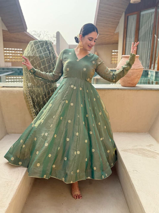 Designer Green Embroidered Anarkali Suit - High-Quality Indian Readymade Garment - Complete 3-Piece Set for Festivals