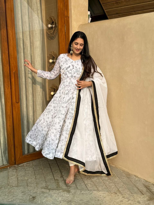 White Floral Embroidered Anarkali Suit - Cotton Chikankari Style Salwar Kameez - Indian Ethnic Wear for Summer Weddings & Parties - Designer Long Kurta Set with Dupatta