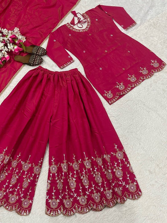 Designer Pink Embroidered Palazzo Suit - High-Quality Indian Readymade Garment - Complete 3-Piece Set for Festivals