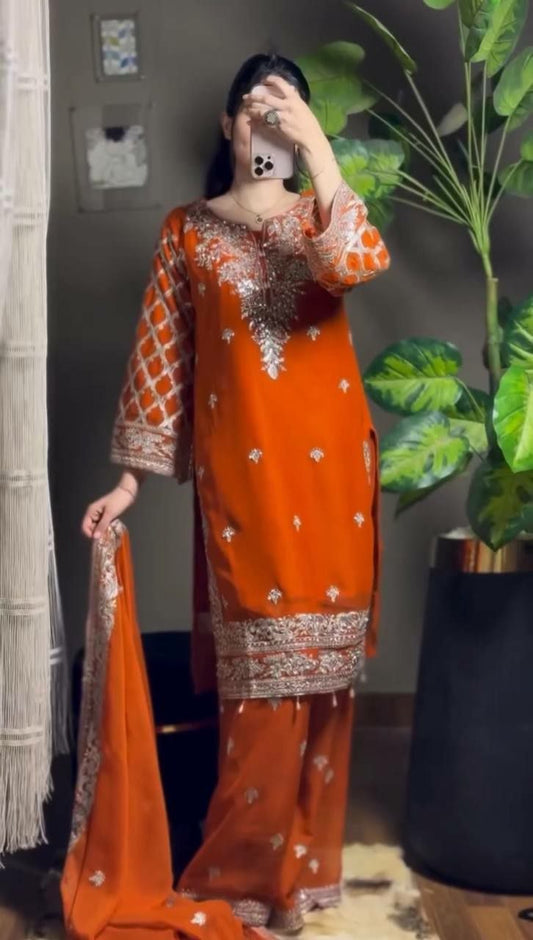 Designer Orange Embroidered Palazzo Suit - High-Quality Indian Readymade Garment - Complete 3-Piece Set for Festivals