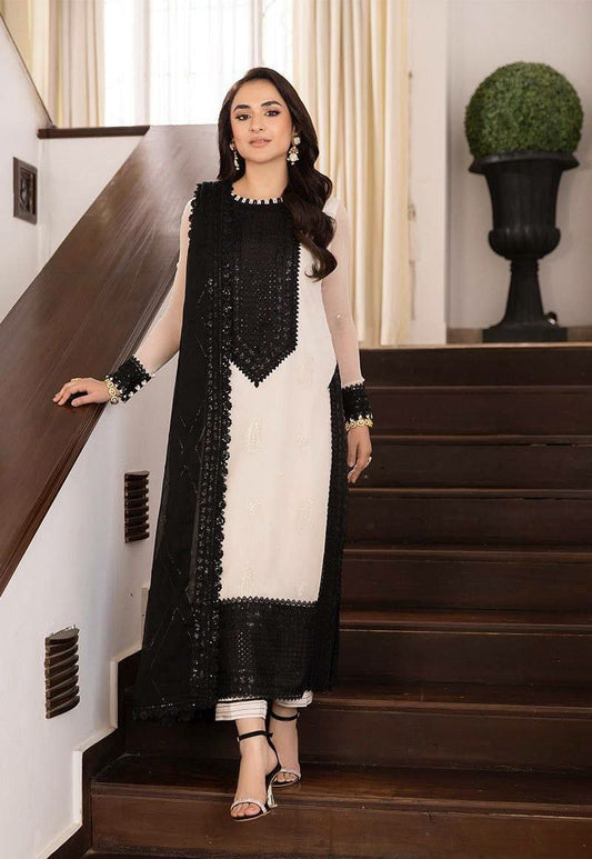 White and Black Embroidered Salwar Kameez - Heavy Lace and Sequin Work Pakistani Suit - Indian Ethnic Wear for Parties - Designer Kurta Set with Dupatta