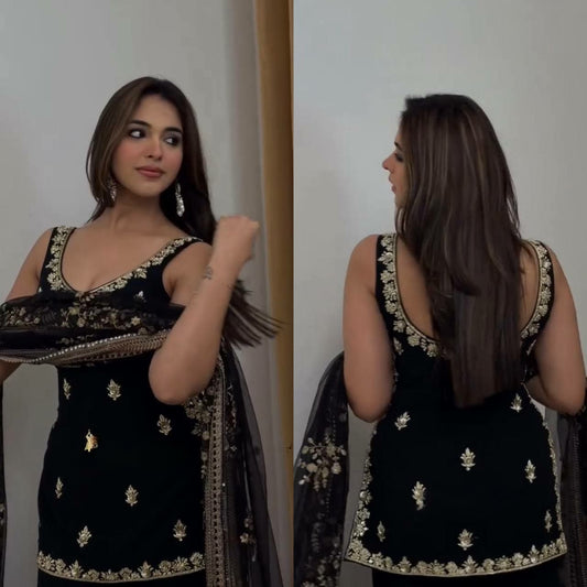 Classic Black Velvet or Silk Sharara Set with Intricate Silver Floral Embroidery - Traditional Indian Wedding Guest Outfit - Luxury Festive Wear for Women