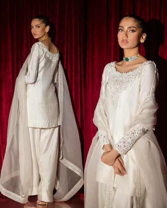 Designer Ivory Embroidered Suit - High-Quality Indian Readymade Garment - Complete 3-Piece Set for Festivals and Special Occasions