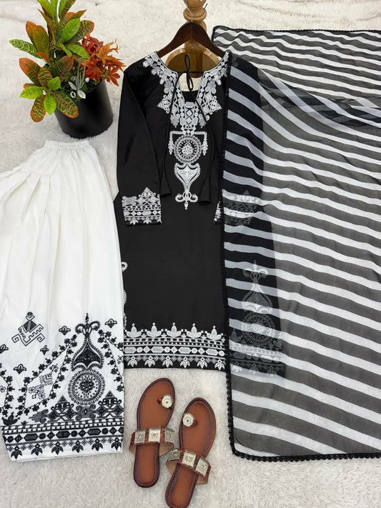 Black and White Embroidered Patiala Suit - Heavy Resham Work Salwar Kameez - Indian Ethnic Wear for Women - Designer Kurta Set with Contrast Trousers.