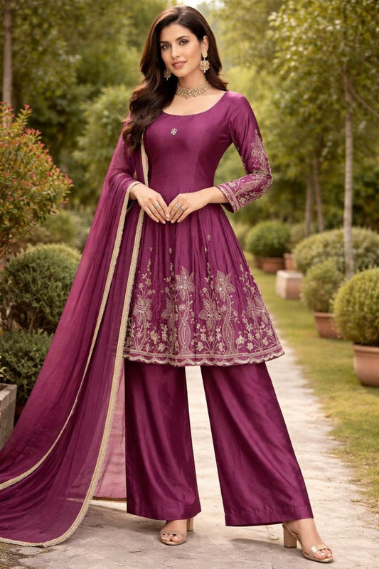 Wine Purple Embroidered Peplum Suit - Heavy Zari Work Salwar Kameez - Indian Ethnic Wear for Weddings & Parties - Designer Kurta Set with Palazzo and Dupatta.