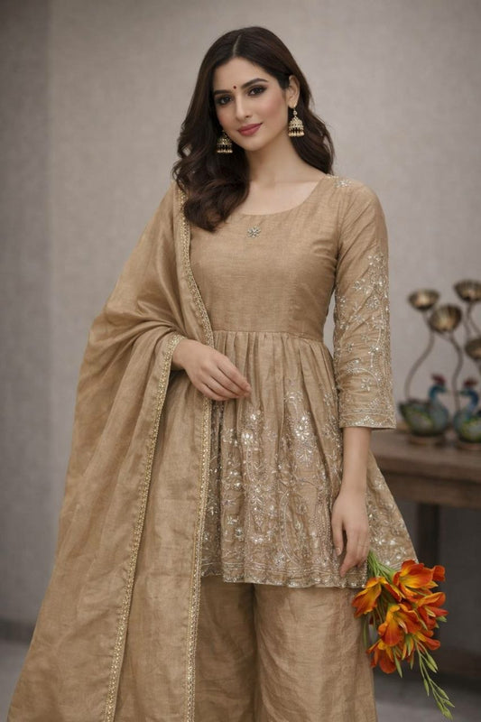 Wine Purple Embroidered Peplum Suit - Heavy Zari Work Salwar Kameez - Indian Ethnic Wear for Weddings & Parties - Designer Kurta Set with Palazzo and Dupatta.