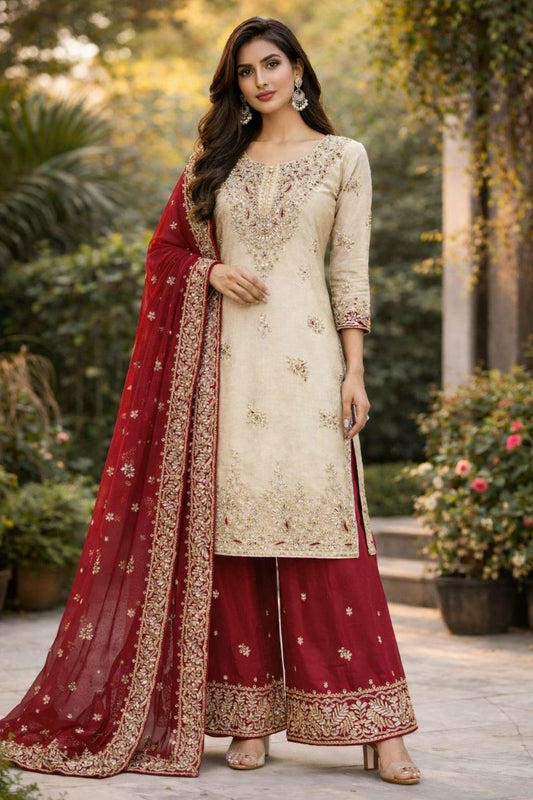 Beige Silk Kurta with Deep Red Palazzo Set - Intricate Gold Floral Embroidery - Traditional Indian Wedding Guest Outfit - Luxury Festive Wear for Women