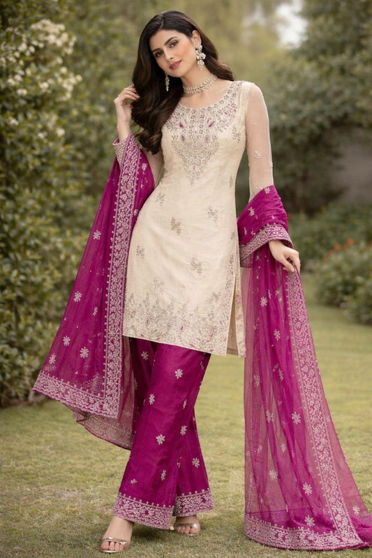 Beige Silk Kurta with Deep Red Palazzo Set - Intricate Gold Floral Embroidery - Traditional Indian Wedding Guest Outfit - Luxury Festive Wear for Women