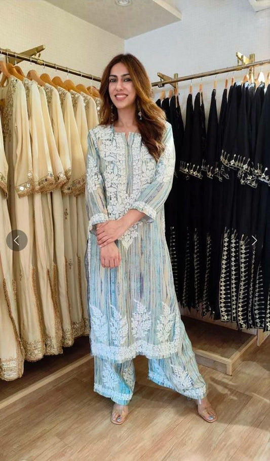 Sophisticated Pastel Blue Printed Salwar Suit with Intricate White Thread Work - Traditional Indian Party Wear - Luxury 2-Piece Ethnic Outfit