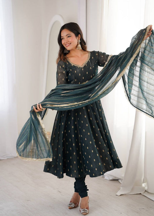 3-Piece Ethnic Set: Flared Anarkali Kurta, Churidar Bottoms, and Zari-Border Dupatta