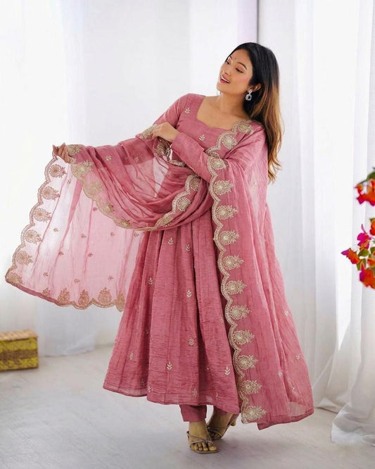 3-Piece Readymade Ethnic Suite: Pleated Long Kurta and Heavy Border Dupatta