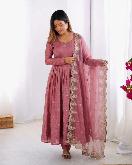 3-Piece Readymade Ethnic Suite: Pleated Long Kurta and Heavy Border Dupatta