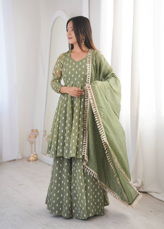 Premium Olive Green Festive Sharara Suit with Intricate Lace Work