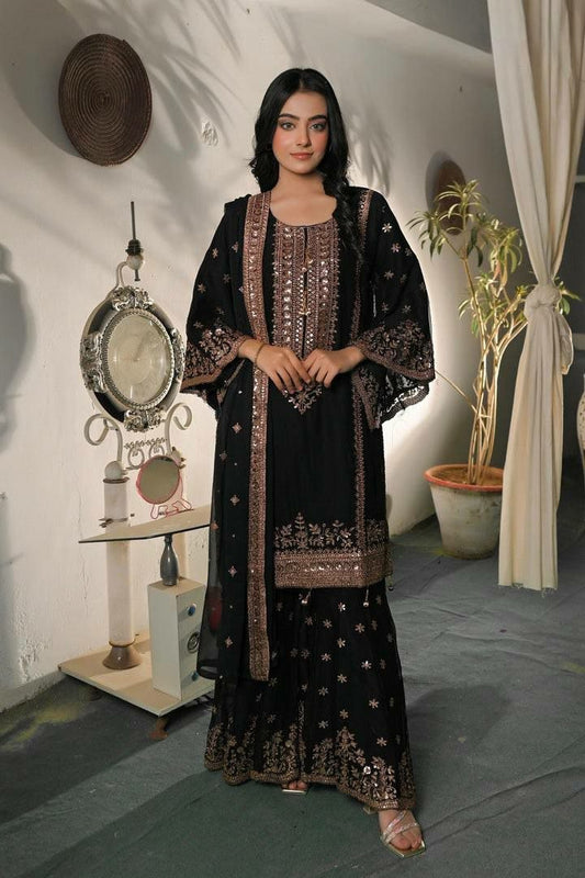 Boutique Quality Readymade Garment: Luxe Black Sharara Set with Traditional Embroidery