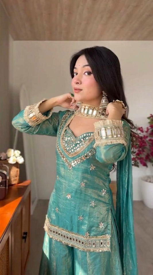 Premium Silk-Blend Festive Wear with Traditional Glass Mirror Embroidery and Zari Work