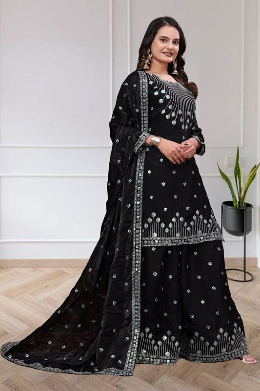 Three-Piece Ethnic Set: Heavy Embroidered Kurta, Sharara, and Dupatta