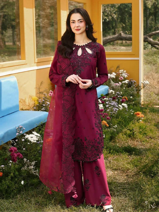 Deep Wine Embroidered Salwar Suit with Cut-Out Neckline and Palazzo Pants