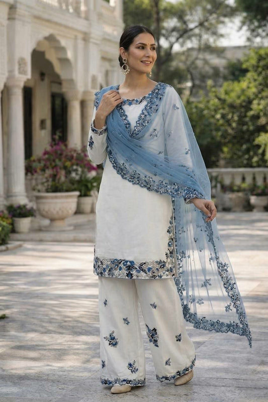 Luxury Festive Suit: Off-White Heavily Embroidered Palazzo Ensemble