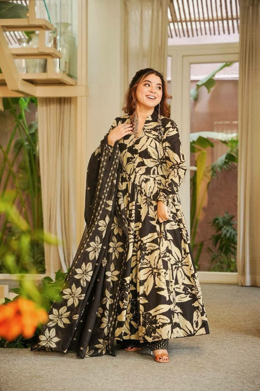 Elegant Black Floral Printed Anarkali Suit Set - Cotton Long Kurta with Dupatta & Pants - Traditional Indian Ethnic Wear for Women