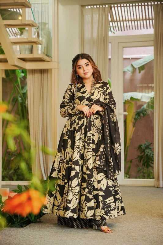 Elegant Black Floral Printed Anarkali Suit Set - Cotton Long Kurta with Dupatta & Pants - Traditional Indian Ethnic Wear for Women